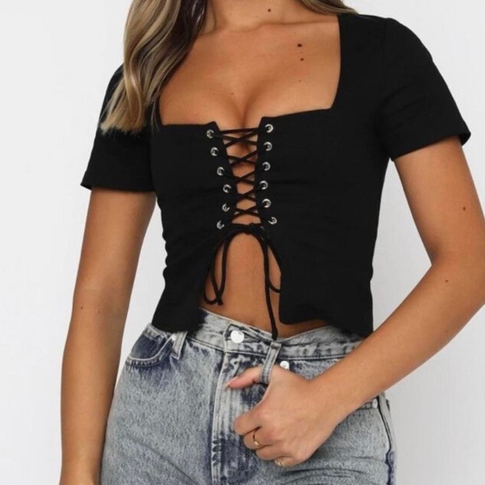 White Fox Boutique Black Lace-Up Square Neck Crop Top